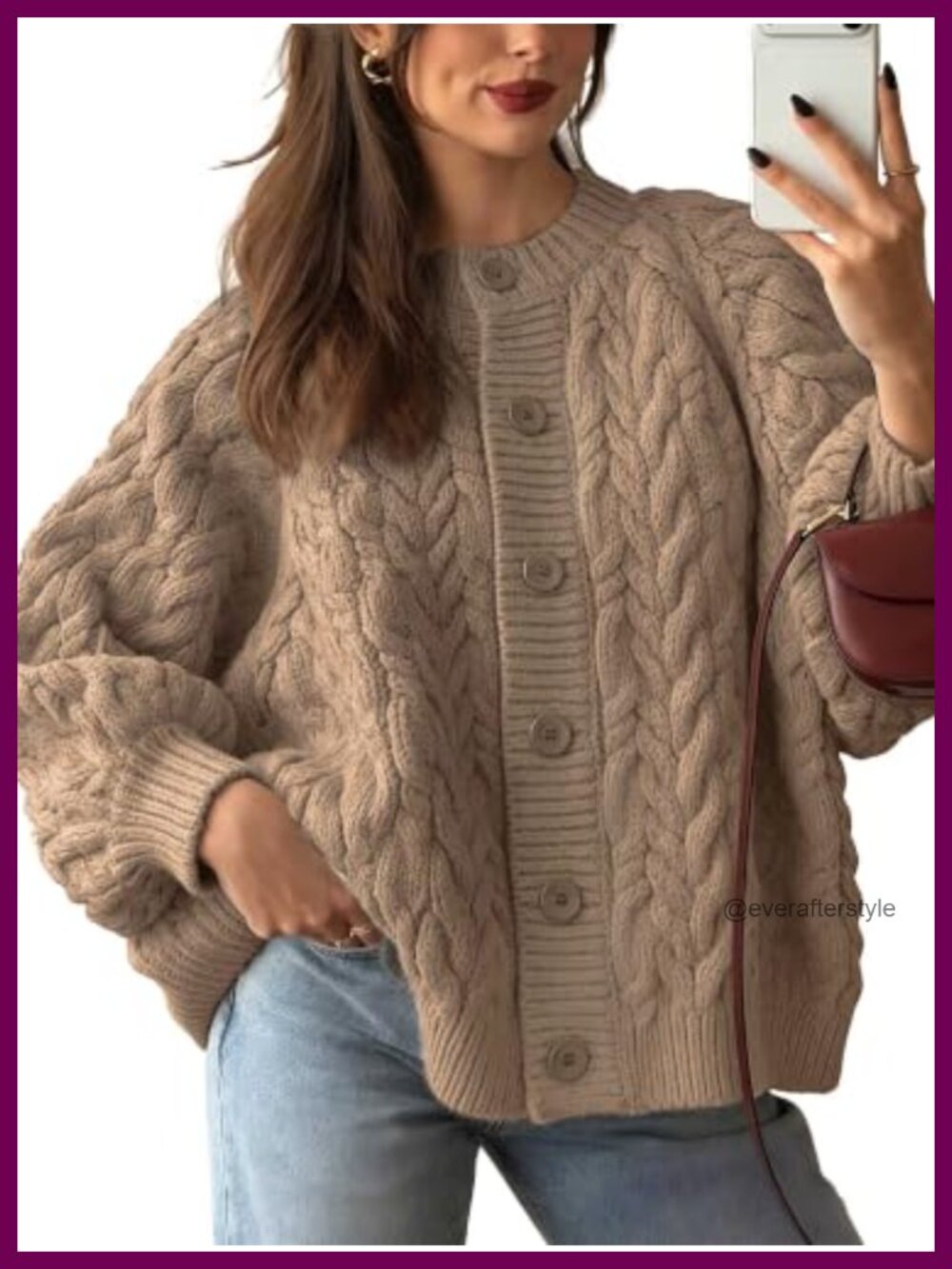 Oversized Chunky Cable Knit Button Down Cardigan Sweater Coat Crew Neck Long